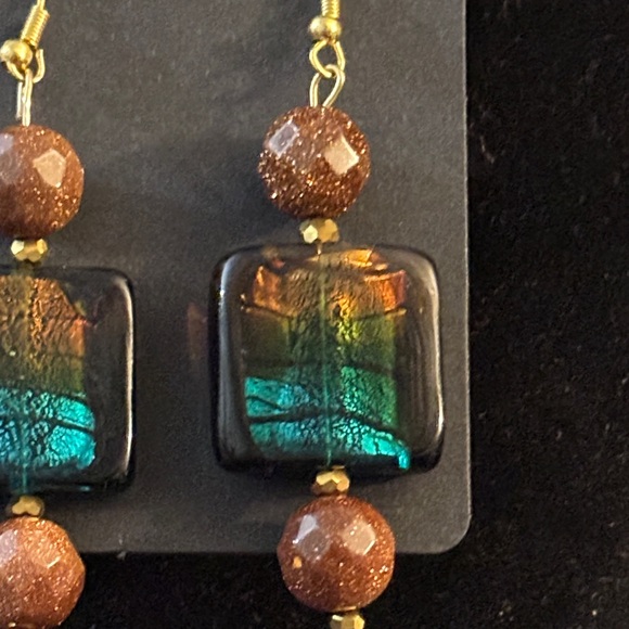Handmade Gold and Brown Dangle Earrings - Picture 3 of 3